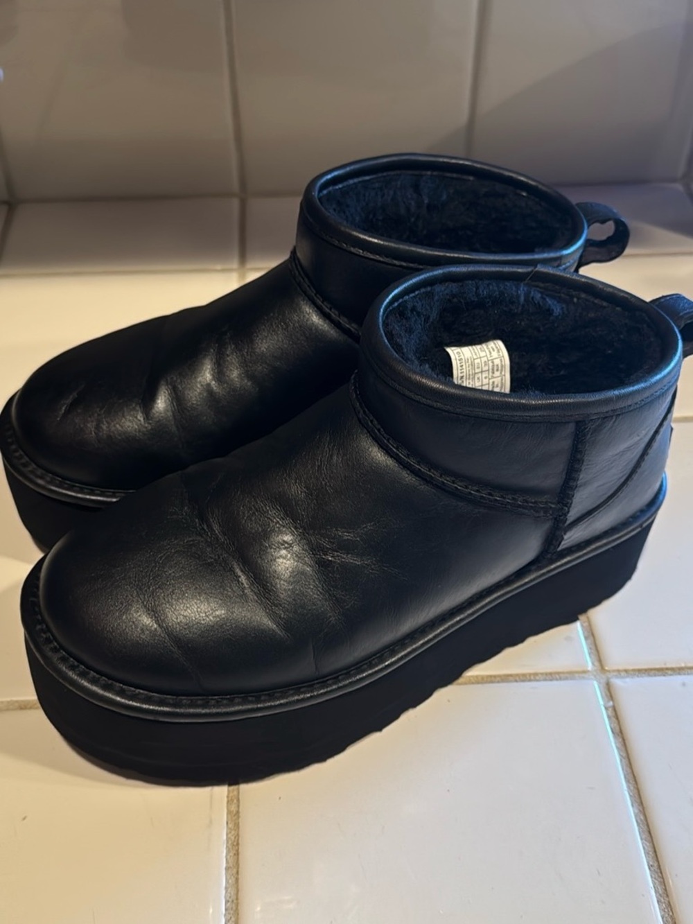 Women's Black Leather Platform Ankle Shoes
